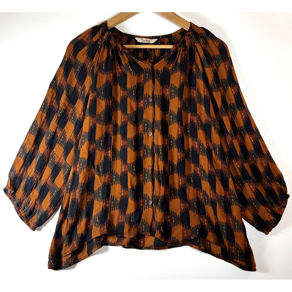 Tucker Silk Blouse Women Small Brown Black Abstract Geometric Boho  Top USA Made